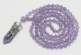 GMN1543 Hand-knotted 8mm, 10mm amethyst 108 beads mala necklace with pendant