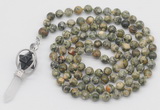 GMN1549 Hand-knotted 8mm, 10mm rhyolite 108 beads mala necklace with pendant