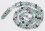 GMN1551 Knotted 8mm, 10mm fluorite 108 beads mala necklace with pendant