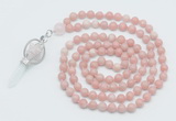 GMN1553 Knotted 8mm, 10mm Chinese pink opal 108 beads mala necklace with pendant