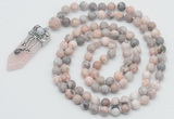 GMN1555 Knotted 8mm, 10mm pink zebra jasper 108 beads mala necklace with pendant