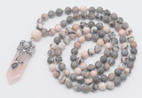 GMN1556 Knotted 8mm, 10mm pink zebra jasper 108 beads mala necklace with pendant