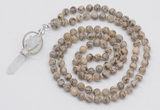 GMN1557 Knotted 8mm, 10mm feldspar 108 beads mala necklace with pendant