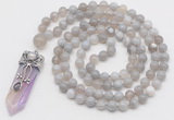 GMN1558 Knotted 8mm, 10mm grey banded agate 108 beads mala necklace with pendant