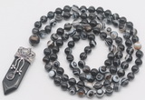 GMN1560 Knotted 8mm, 10mm black banded agate 108 beads mala necklace with pendant