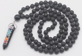 GMN1562 Knotted 8mm, 10mm black lava 108 beads mala necklace with pendant