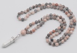 GMN1609 Hand-knotted 6mm pink zebra jasper 108 beads mala necklace with pendant