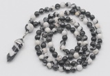 GMN1610 Hand-knotted 6mm black & white jasper 108 beads mala necklace with pendant