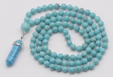 GMN1640 Hand-knotted 6mm blue howlite 108 beads mala necklace with pendant