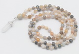 GMN1660 Hand-knotted 6mm bamboo leaf agate 108 beads mala necklaces with pendant