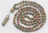 GMN1664 Hand-knotted 6mm unakite 108 beads mala necklaces with pendant