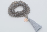 GMN1750 Knotted 8mm, 10mm grey agate 108 beads mala necklace with tassel & charm