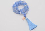 GMN1753 Knotted 8mm, 10mm blue banded agate 108 beads mala necklace with tassel & charm