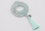 GMN1754 Knotted 8mm, 10mm sea blue banded agate 108 beads mala necklace with tassel & charm