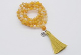 GMN1755 Knotted 8mm, 10mm yellow banded agate 108 beads mala necklace with tassel & charm