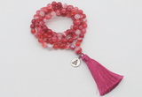 GMN1756 Knotted 8mm, 10mm red banded agate 108 beads mala necklace with tassel & charm