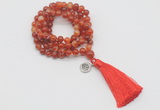 GMN1757 Knotted 8mm, 10mm red banded agate 108 beads mala necklace with tassel & charm