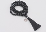 GMN1758 Knotted 8mm, 10mm black banded agate 108 beads mala necklace with tassel & charm