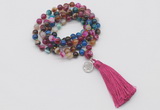 GMN1759 Knotted 8mm, 10mm colorfull banded agate 108 beads mala necklace with tassel & charm