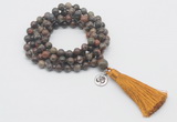 GMN1763 Knotted 8mm, 10mm ocean agate 108 beads mala necklace with tassel & charm