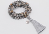 GMN1764 Knotted 8mm, 10mm silver needle agate 108 beads mala necklace with tassel & charm