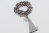 GMN1765 Knotted 8mm, 10mm Botswana agate 108 beads mala necklace with tassel & charm