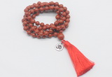 GMN1769 Knotted 8mm, 10mm red jasper 108 beads mala necklace with tassel & charm