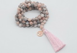 GMN1770 Knotted 8mm, 10mm pink zebra jasper 108 beads mala necklace with tassel & charm