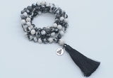 GMN1772 Knotted 8mm, 10mm black & white jasper 108 beads mala necklace with tassel & charm