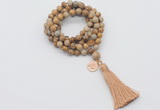 GMN1775 Knotted 8mm, 10mm picture jasper 108 beads mala necklace with tassel & charm