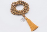 GMN1776 Knotted 8mm, 10mm wooden jasper 108 beads mala necklace with tassel & charm