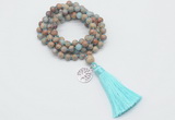 GMN1781 Knotted 8mm, 10mm serpentine jasper 108 beads mala necklace with tassel & charm