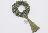 GMN1788 Knotted 8mm, 10mm Canadian jade 108 beads mala necklace with tassel & charm