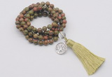 GMN1789 Knotted 8mm, 10mm unakite 108 beads mala necklace with tassel & charm