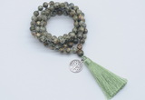 GMN1791 Knotted 8mm, 10mm rhyolite 108 beads mala necklace with tassel & charm