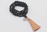 GMN1794 Knotted 8mm, 10mm golden obsidian 108 beads mala necklace with tassel & charm