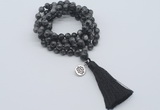 GMN1795 Knotted 8mm, 10mm black labradorite 108 beads mala necklace with tassel & charm