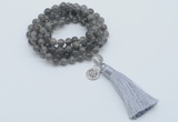 GMN1796 Knotted 8mm, 10mm labradorite 108 beads mala necklace with tassel & charm