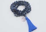 GMN1799 Knotted 8mm, 10mm sodalite 108 beads mala necklace with tassel & charm