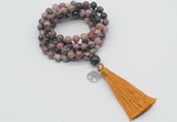 GMN1800 Knotted 8mm, 10mm rhodonite 108 beads mala necklace with tassel & charm