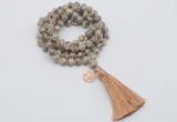 GMN1802 Knotted 8mm, 10mm feldspar 108 beads mala necklace with tassel & charm