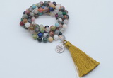 GMN1803 Knotted 8mm, 10mm colorful gemstone 108 beads mala necklace with tassel & charm