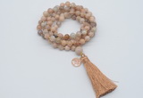 GMN1804 Knotted 8mm, 10mm sunstone 108 beads mala necklace with tassel & charm