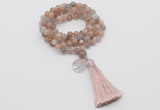 GMN1805 Knotted 8mm, 10mm moonstone 108 beads mala necklace with tassel & charm