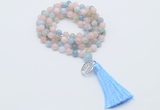 GMN1806 Knotted 8mm, 10mm morganite 108 beads mala necklace with tassel & charm