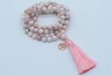 GMN1807 Knotted 8mm, 10mm natural pink opal 108 beads mala necklace with tassel & charm