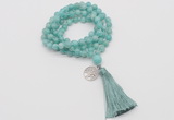 GMN1808 Knotted 8mm, 10mm amazonite 108 beads mala necklace with tassel & charm