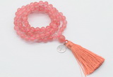 GMN1814 Knotted 8mm, 10mm cherry quartz 108 beads mala necklace with tassel & charm