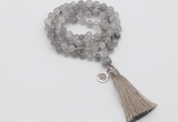 GMN1818 Knotted 8mm, 10mm cloudy quartz 108 beads mala necklace with tassel & charm