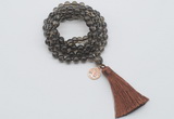 GMN1819 Knotted 8mm, 10mm smoky quartz 108 beads mala necklace with tassel & charm